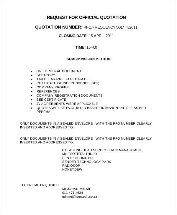 request for official quotation template