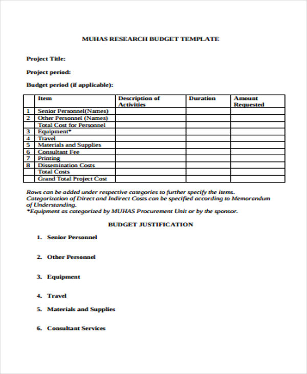 research budget example pdf