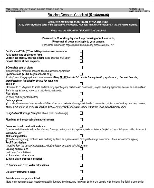 residential building consent checklist