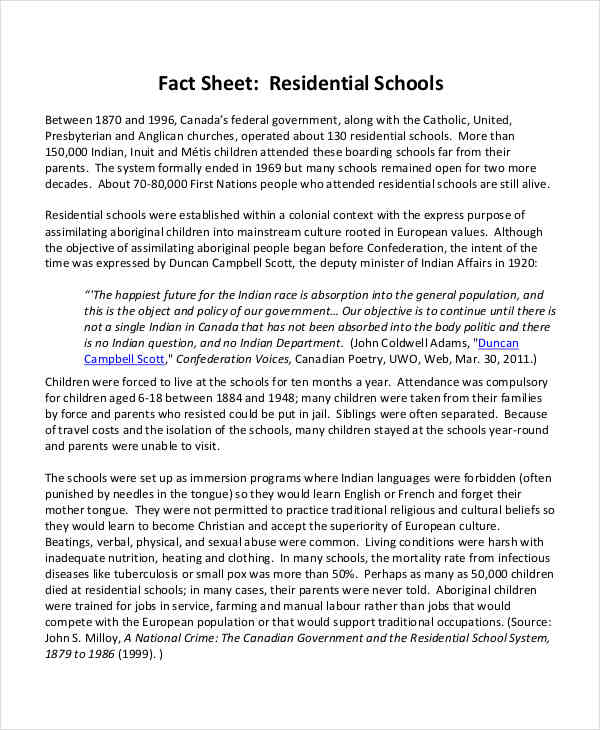 residential school fact sheet