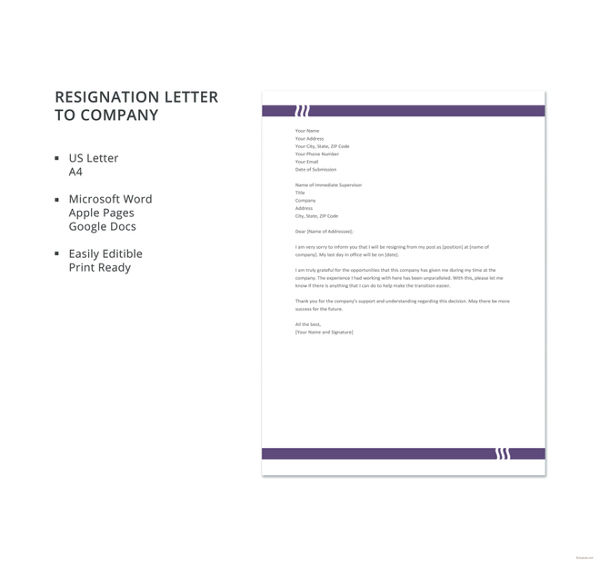 resignation letter to company template