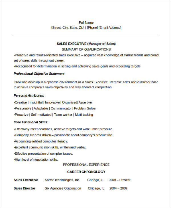resume template for sales executive