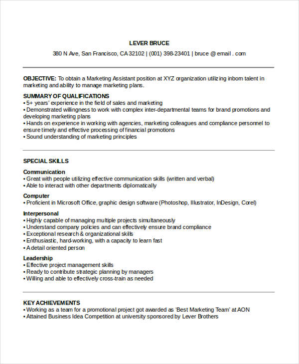 resume for marketing assistant