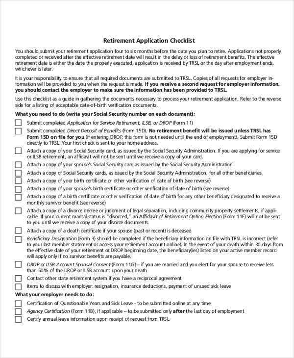 retirement application checklist
