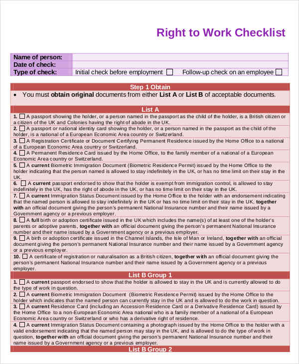 right to work checklist