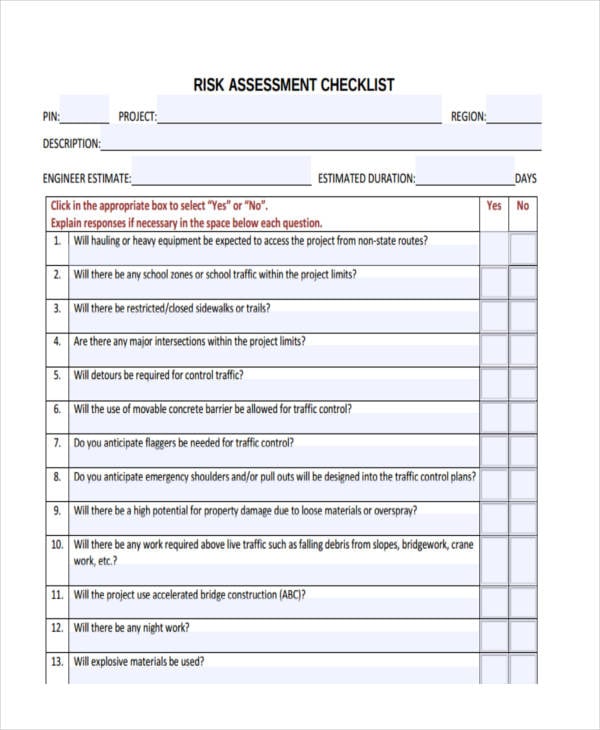 risk assessment checklist template