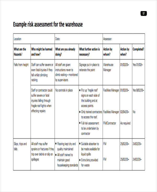 risk assessment for warehouse example