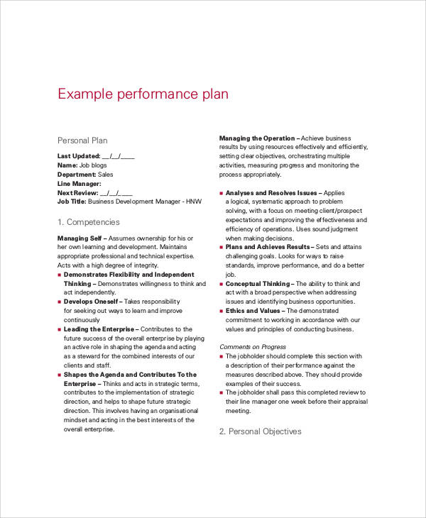 performance standards business plan