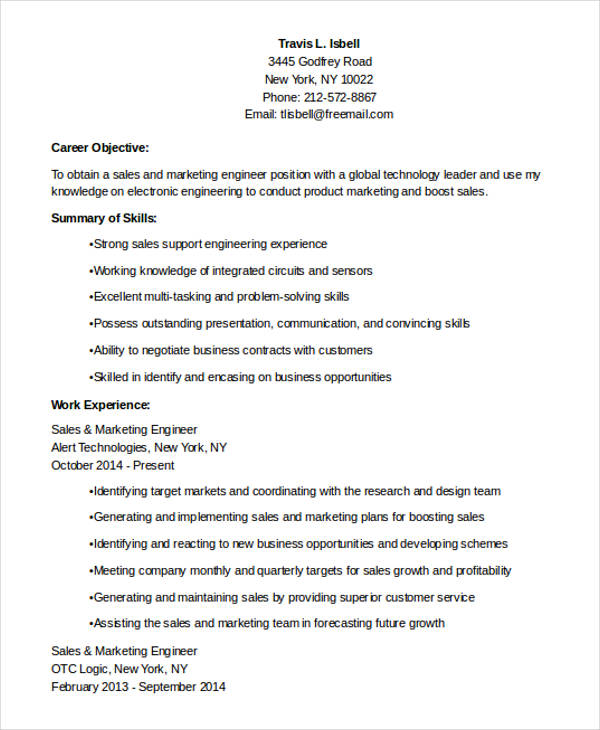 sales and marketing engineer resume