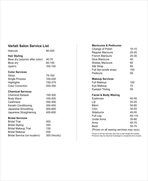 salon service list
