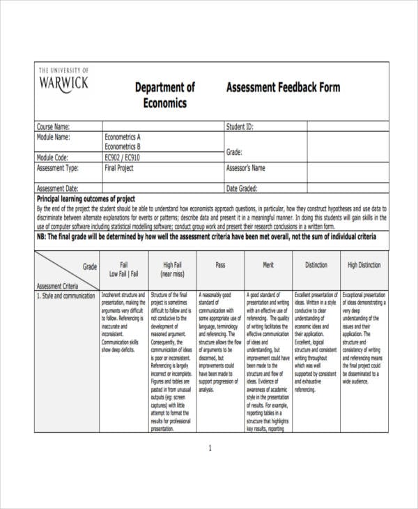 sample assessment feedback form