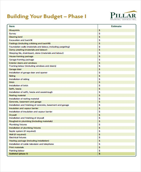 sample building budget