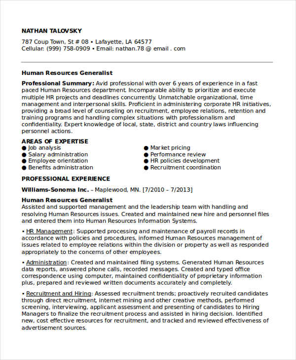 sample hr generalist resume format