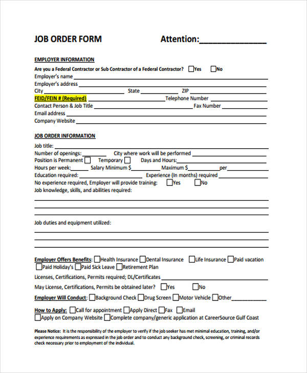 sample job order