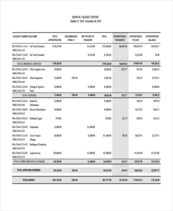sample monthly budget report