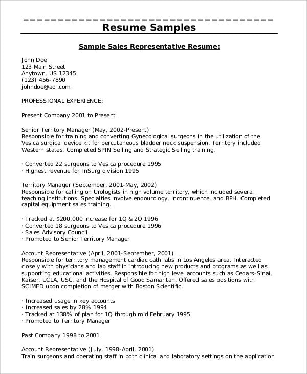 sample sales representative resume