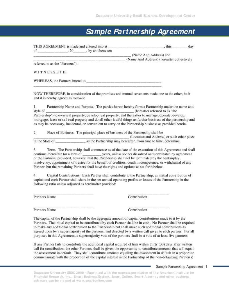 sample small business partnership agreement template page 001 788x1020