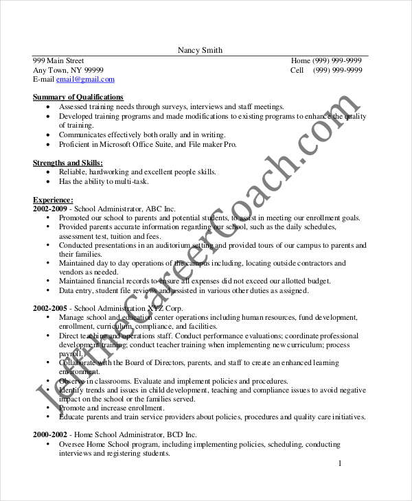 school administrative manager resume