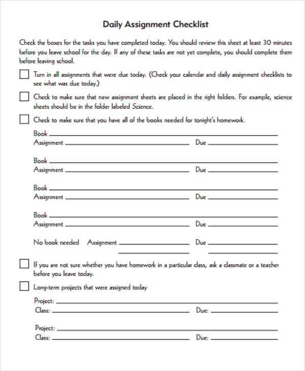 student assignment checklist template