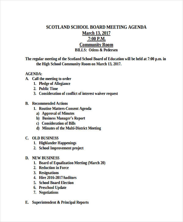 school board meeting agenda