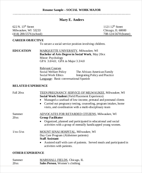 school social work resume
