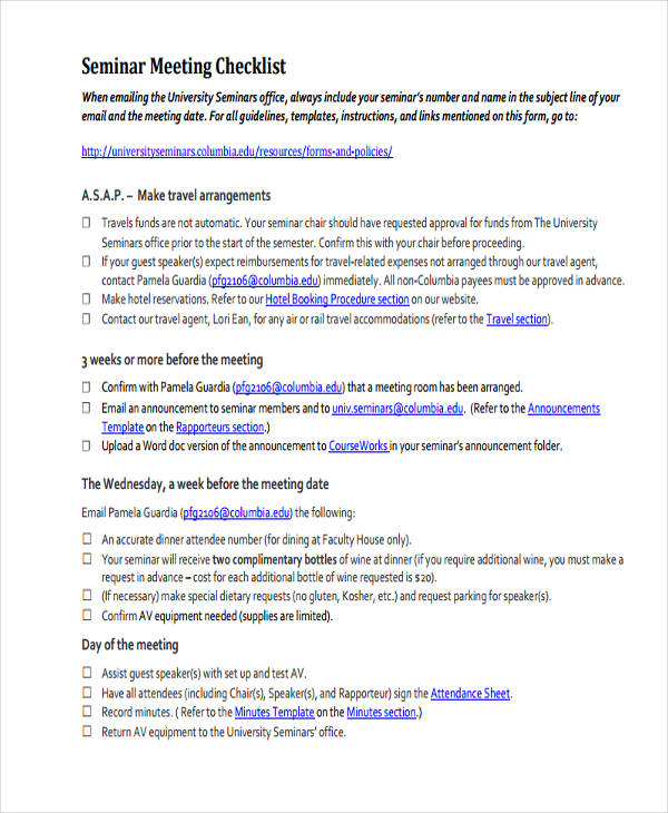seminar meeting checklist