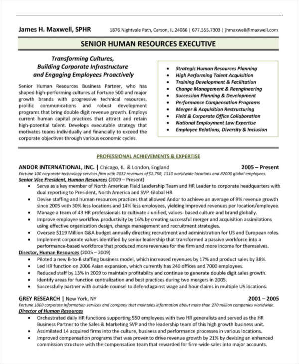 senior hr executive resume sample