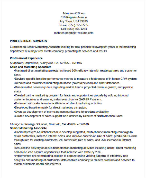 senior marketing associate resume