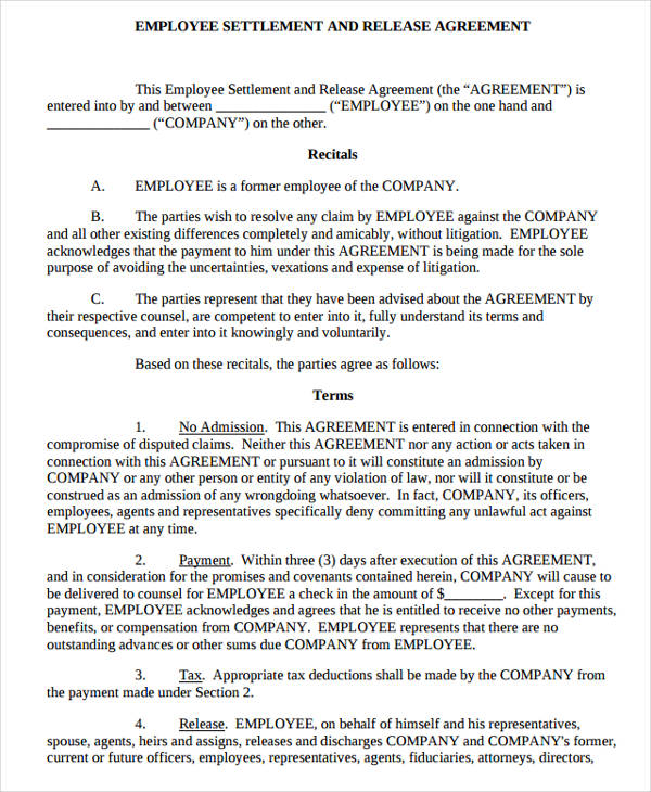 settlement and release agreement form