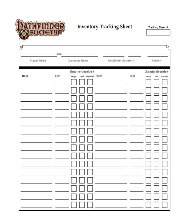 sheet of inventory tracking