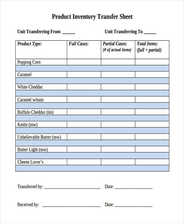 sheet of inventory transfer