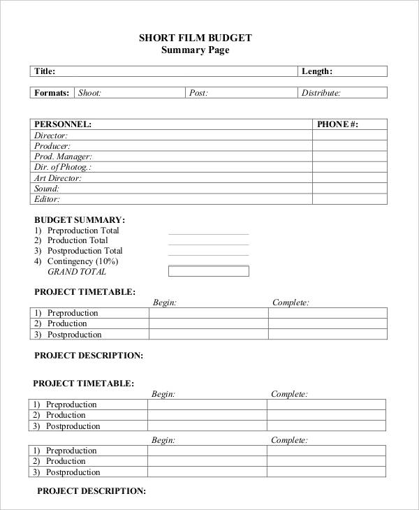 short film budget template