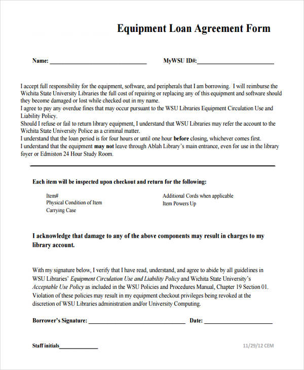 simple equipment loan agreement form
