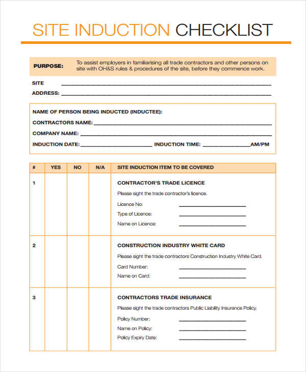 site induction checklist