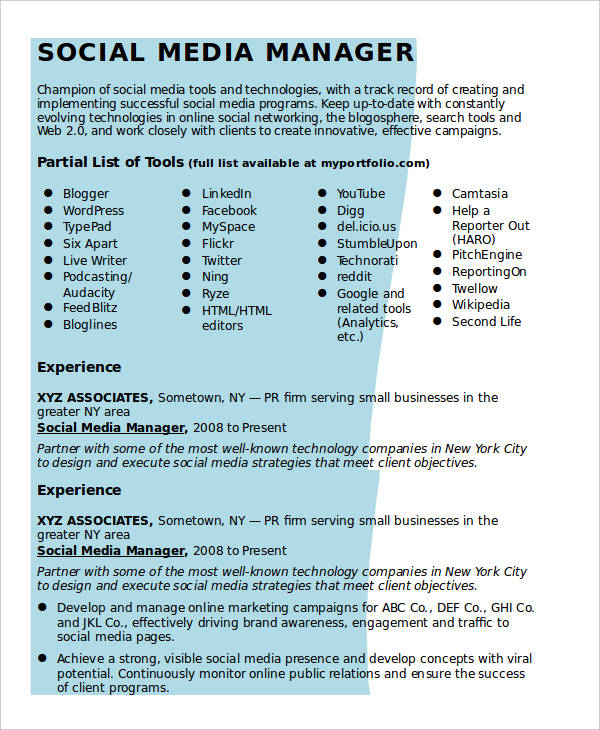 ensayo Visualizar punto 7+ Social Media Resume Templates - PDF, DOC