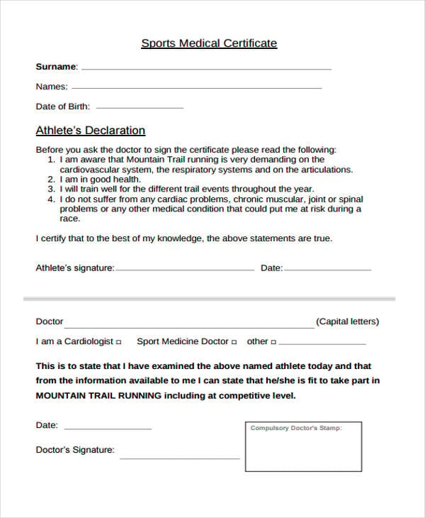 sports athlete medical certificate