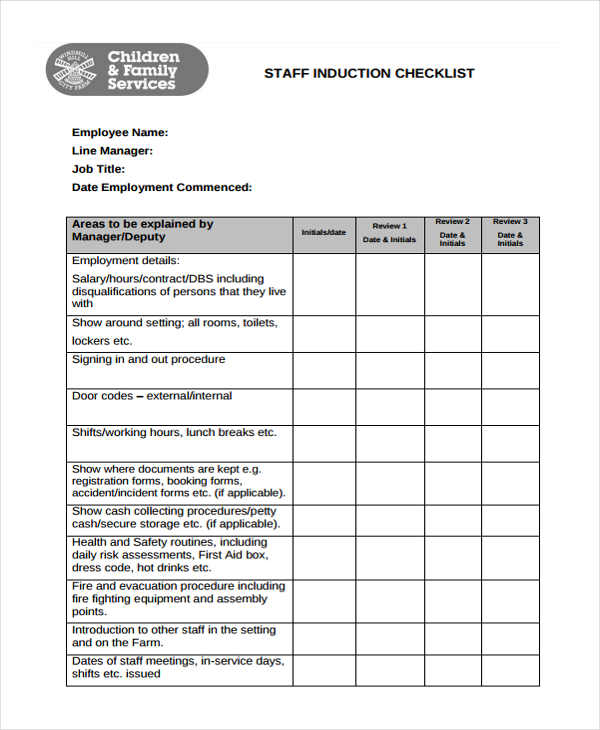 staff induction checklist template