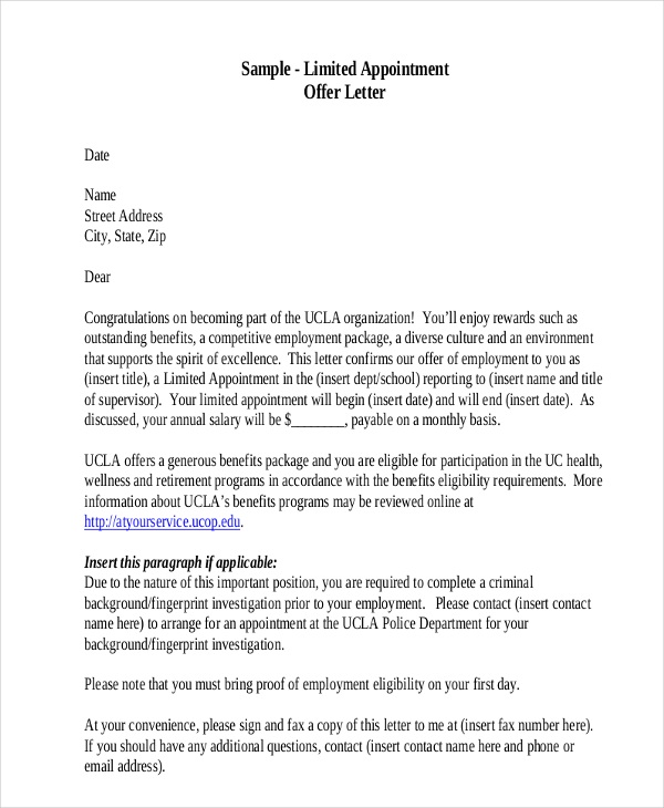 standard appointment offer letter