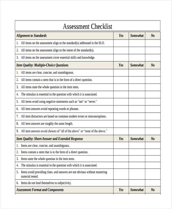 standard assessment checklist