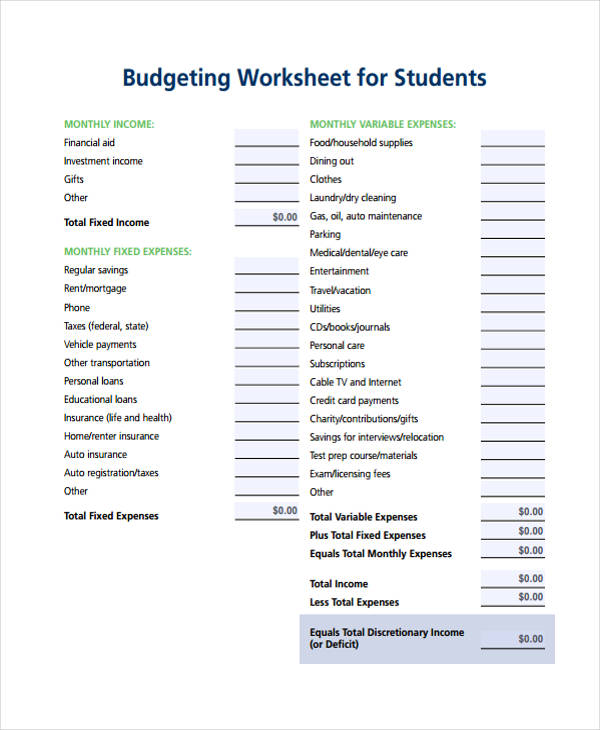 student budget worksheet