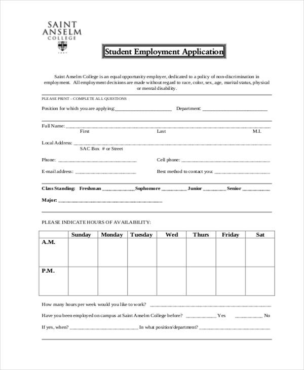 student employment application