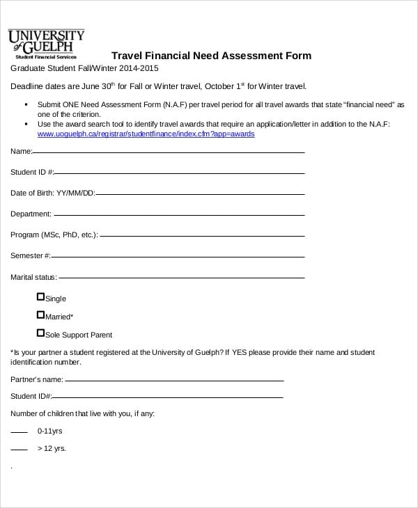 student finance needs assessment