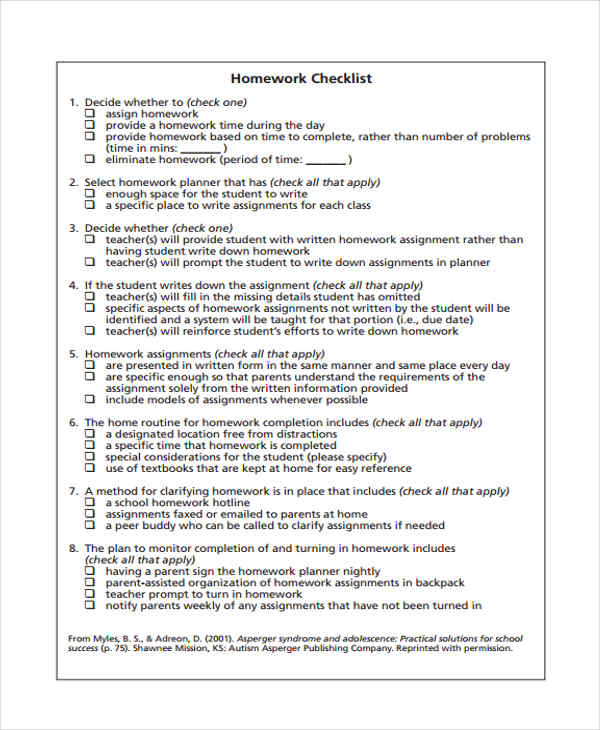 student homework checklist