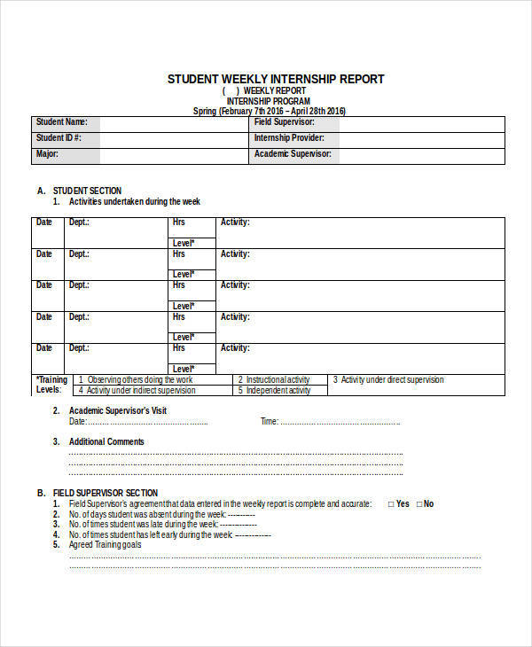 student internship weekly report