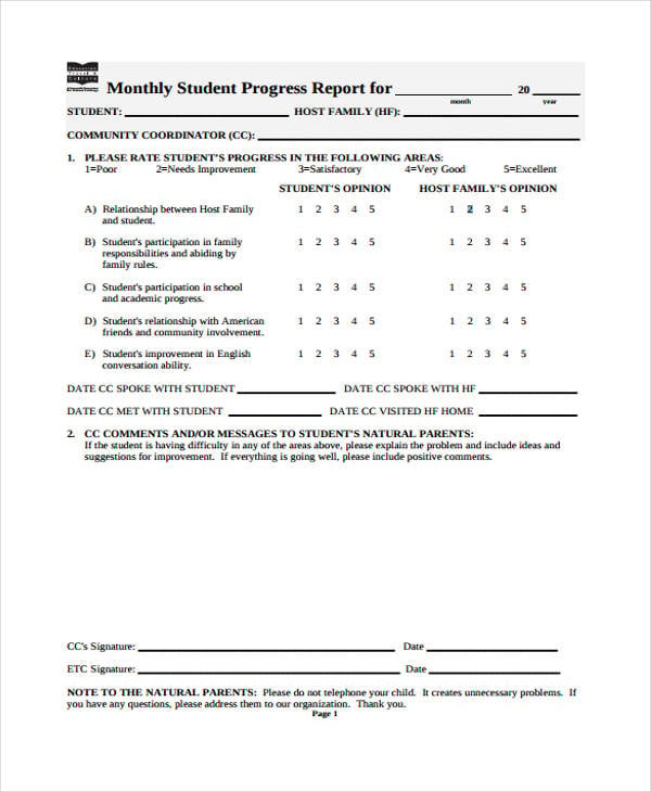 student monthly progress report