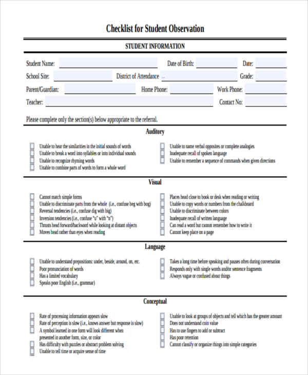 student observation checklist