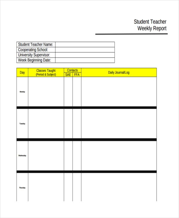 student teacher weekly report
