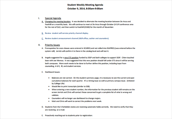 student weekly meeting agenda