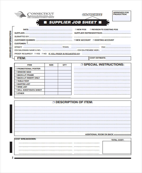 supplier job sheet