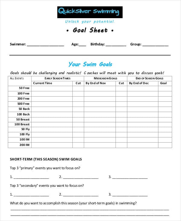 swimming goal sheet